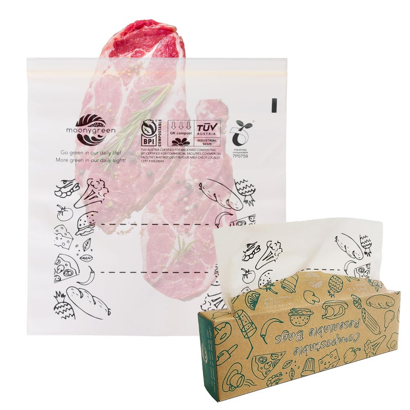 Moonygreen Compostable Food Storage Bags Large Gallon Resealable Freezer Bags 50 Count 105 x 106 inches Extra Thick Certified US BPI ASTM D6400 Europe OK Compost